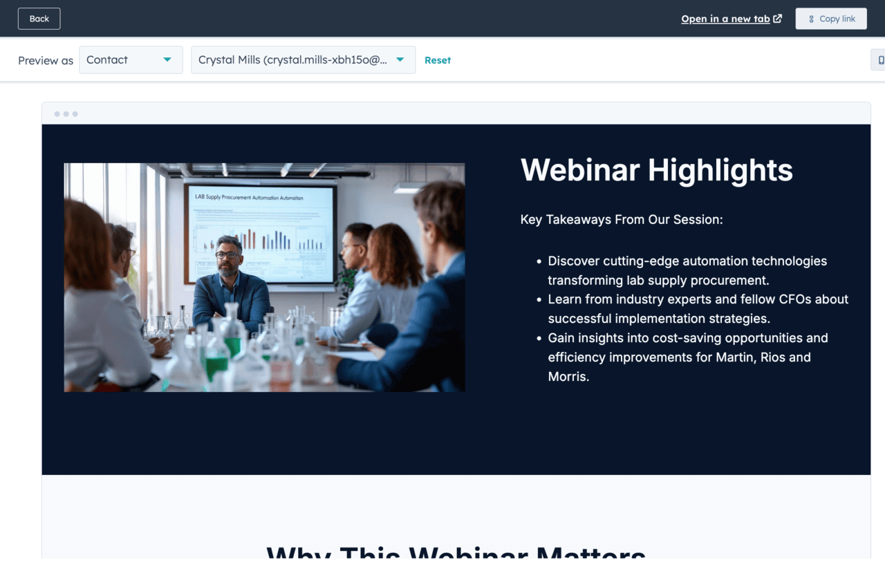 previewing personalized landing page as a specific contact