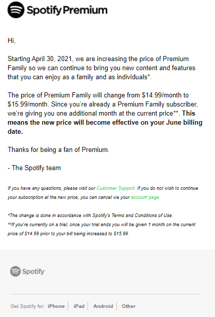 price increase letter example: spotify