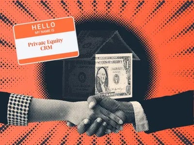 a hubspot-branded featured image of two hands shaking with a faux house made out of two dollar bills, alongside a nametag that says ‘hello my name is private equity crm’
