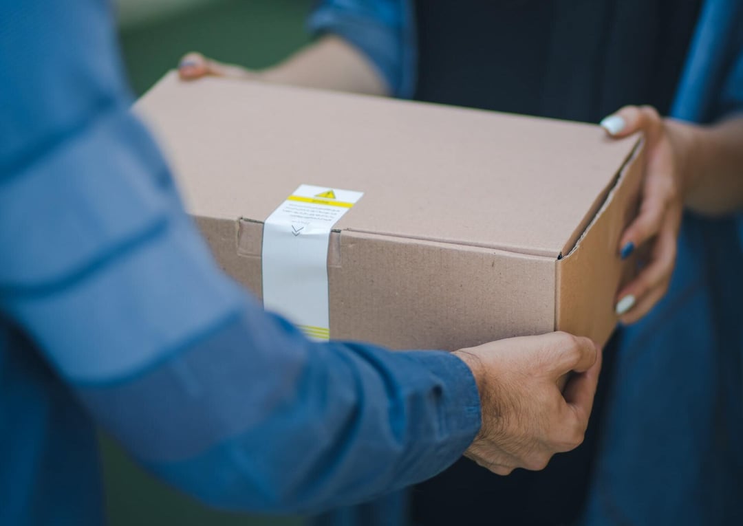 courier delivering cardboard box to customer