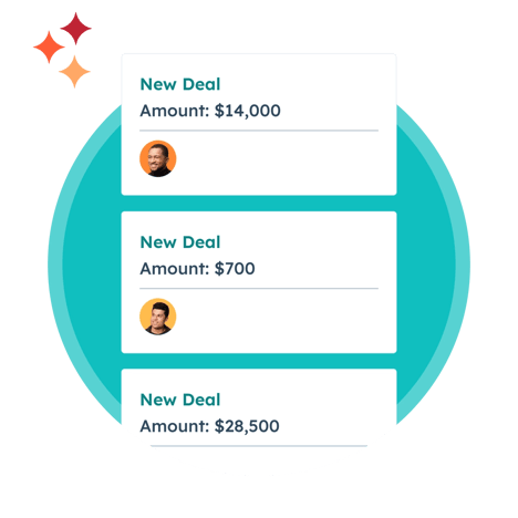 Shows a simplified Sales Hub user interface where a user is viewing various sales deals from the deals dashboard