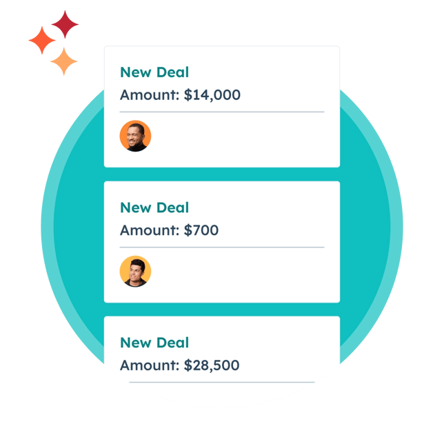 Shows a simplified Sales Hub user interface where a user is viewing various sales deals from the deals dashboard