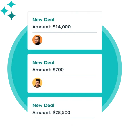 Shows a simplified Sales Hub user interface where a user is viewing various sales deals from the deals dashboard