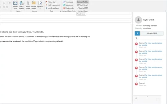 HubSpot's free CRM for outlook user interface showing an email