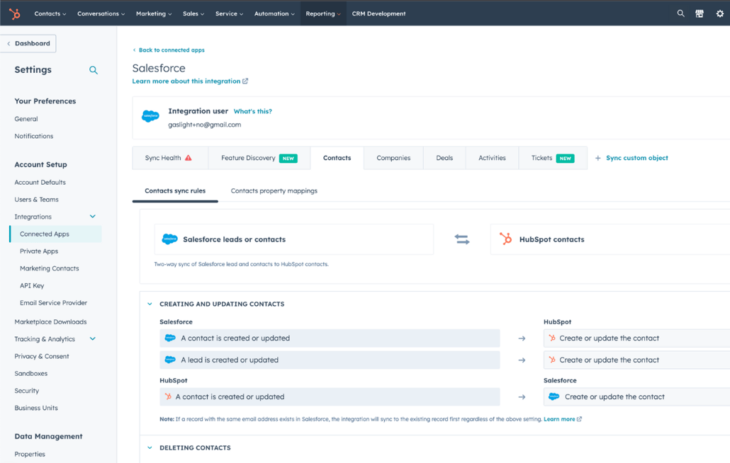 HubSpot user interface showing Salesforce as a connected app and the various settings that can be configured