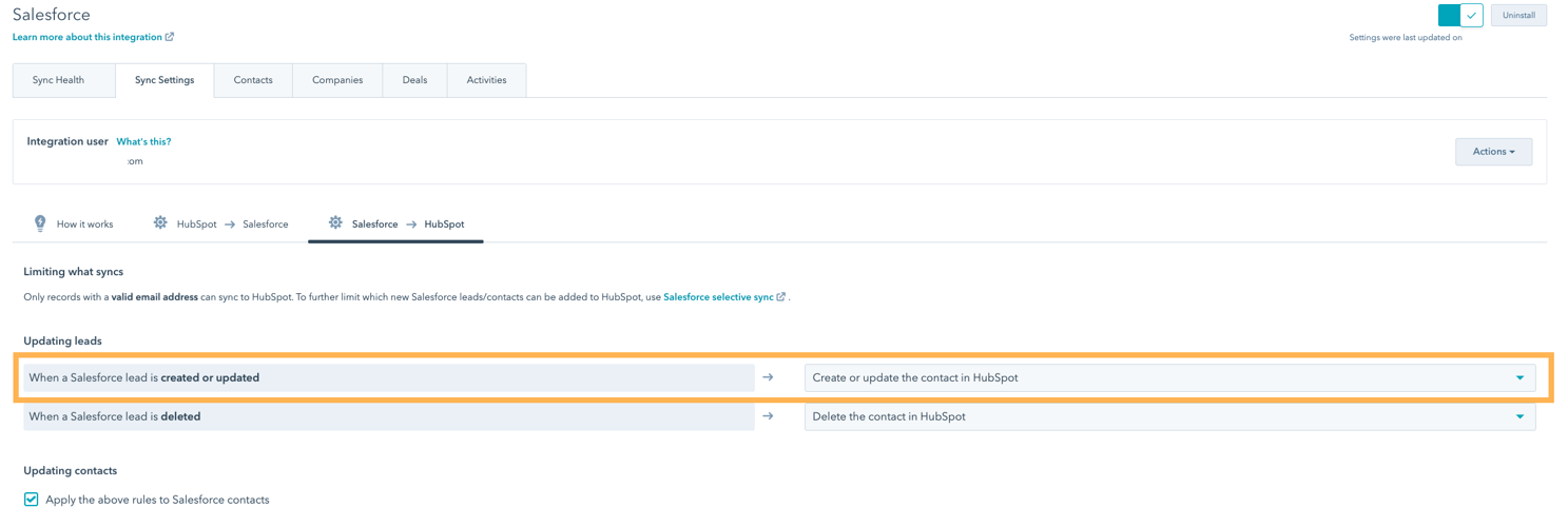 selective sync settings - create in hubspot when created or updated in salesforce