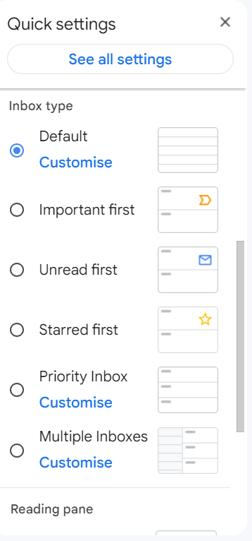 Screenshot showing the ‘Inbox type’ options.