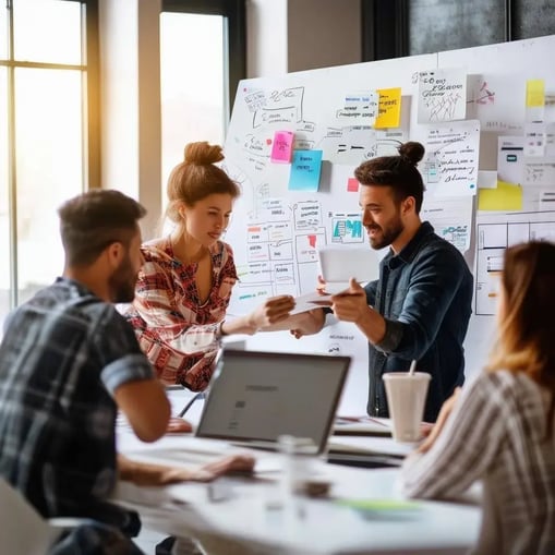 show 4 people a mix of men and women working together on a marketing campaign-1