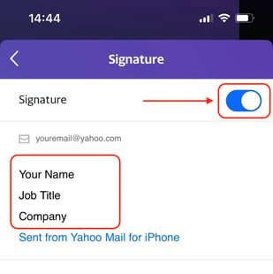 Yahoo Mail iPhone App signature settings with signature and toggle option highlighted.