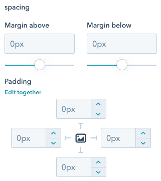 screenshot of spacing style field expanded in page editor