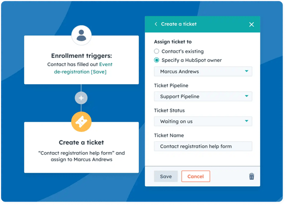 Simplified user interface in HubSpot showing how a user can create a workflow that triggers the creation of a customer support ticket based on a form submission