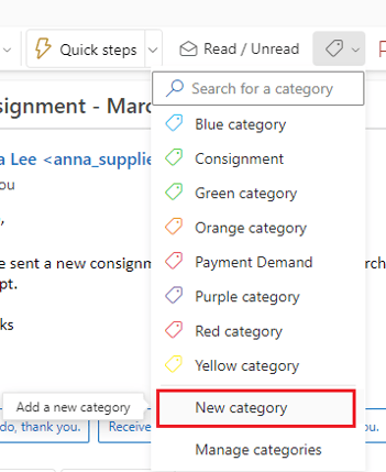 Assigning categories to Outlook emails within a folder: Select a new category