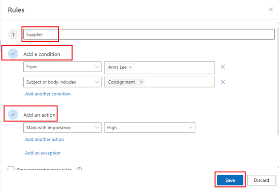 How to create a rule in Outlook: Fill in the details of the new rule