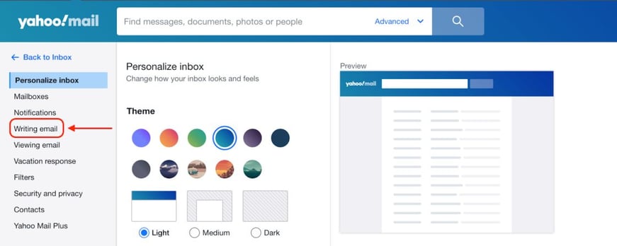 Yahoo Mail more settings page with a red arrow pointing to the Writing email option.