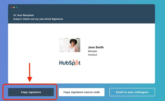 HubSpot Email Signature Generator with ‘Copy signature’ button highlighted.