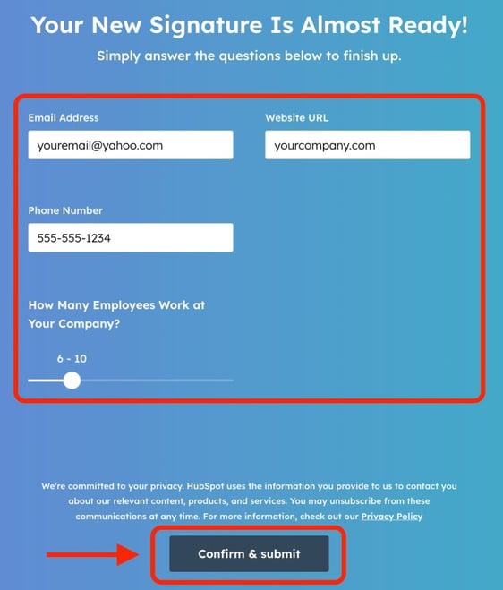 HubSpot Email Signature Generator form with ‘Confirm & submit’ highlighted.