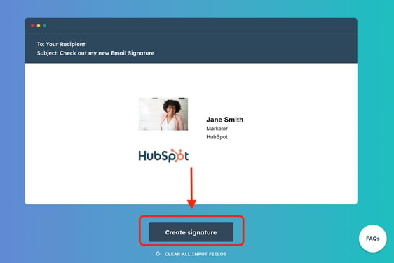 HubSpot Email Signature Generator with ‘Create Signature’ button highlighted.