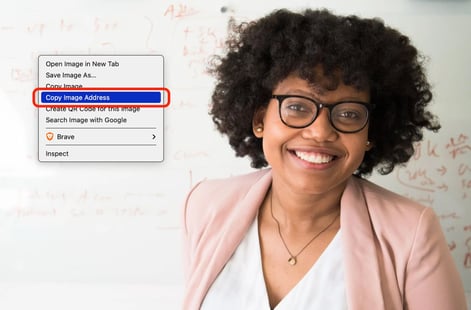 Image of a woman smiling and double-click menu showing a highlight on ‘Copy Image Address’.
