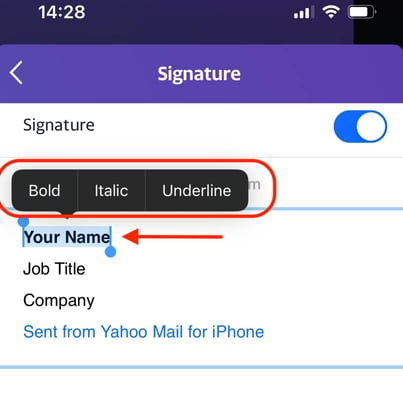 Yahoo Mail iPhone app showing signature page with bold formatted text