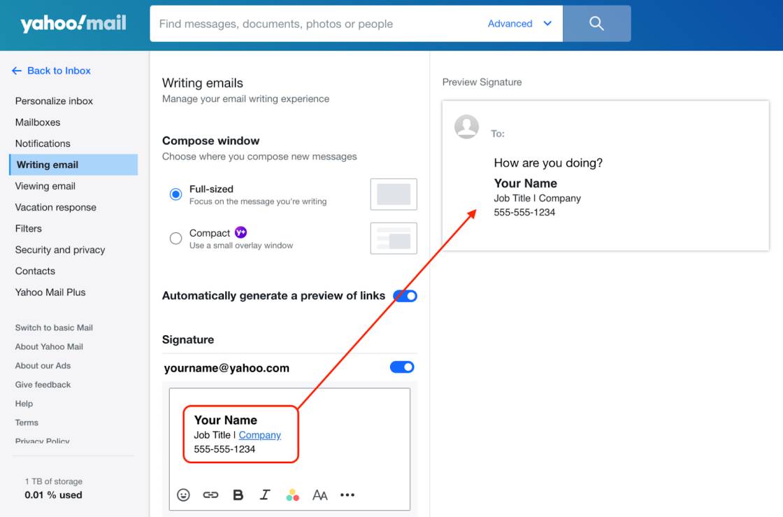 Yahoo Mail Writing email settings page with custom signature and preview.