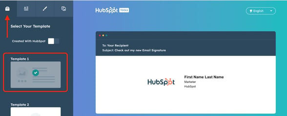 HubSpot Email Signature Generator with Template 1 highlighted.