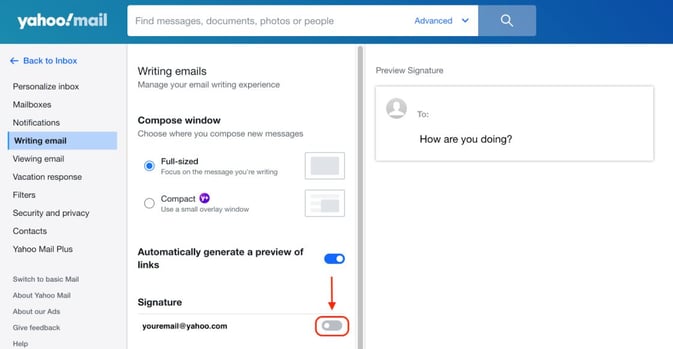 Yahoo Mail ‘Writing email’ setting page showing the ‘Signature’ toggle button.