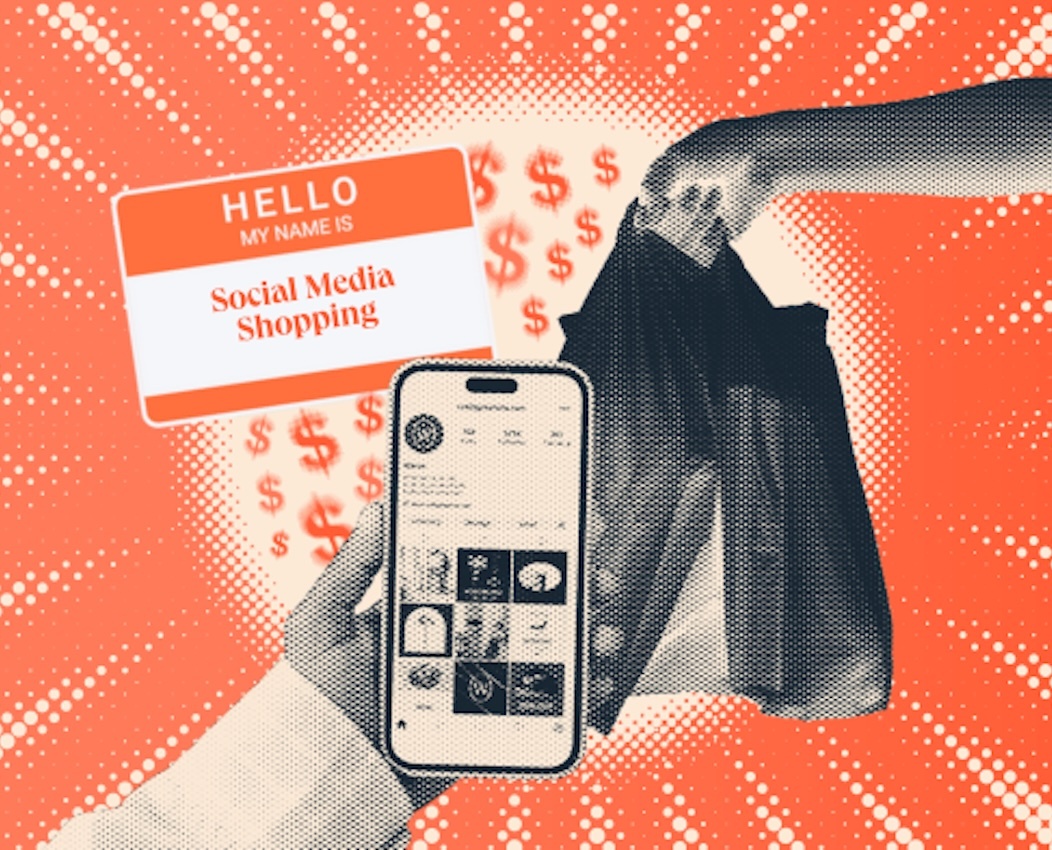 a hubspot-branded featured image graphic with a hand holding out a shopping bag, a hand with an iphone browsing through an instagram profile, and a nametag that says ‘hello my name is social media shopping’