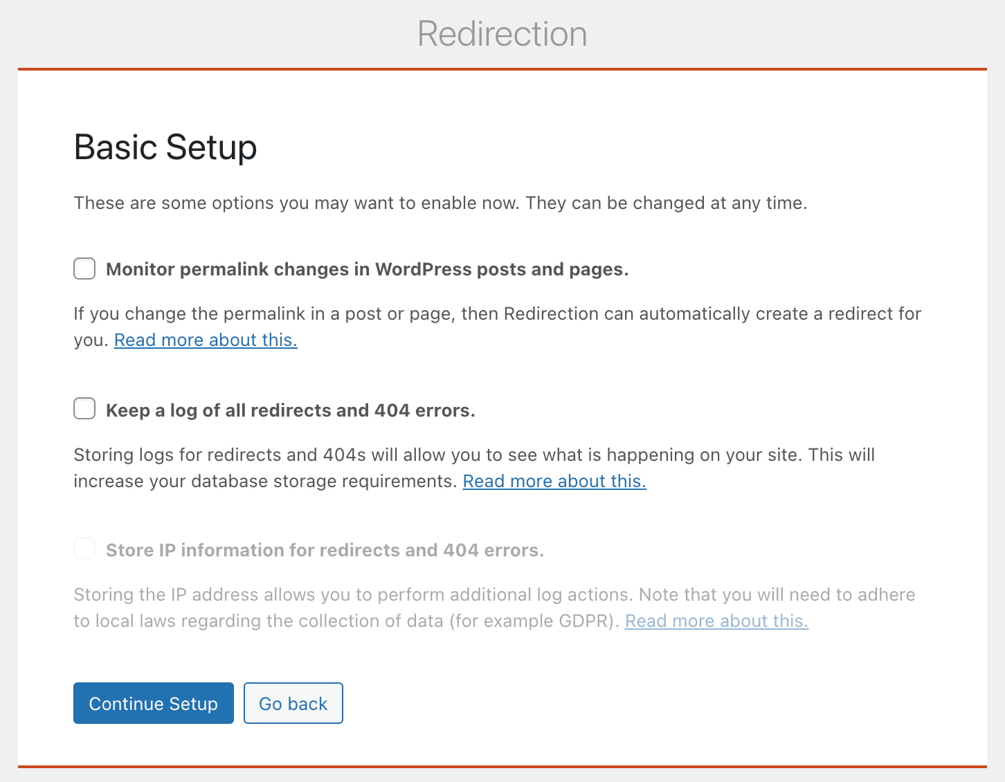 the basic setup menu in the redirection plugin  for adding 301 redirects in wordpress