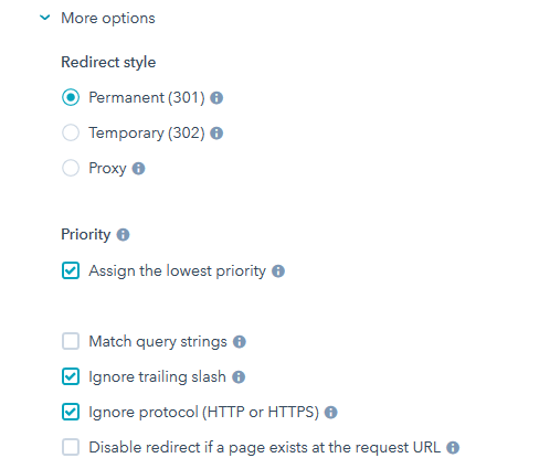 more options  for adding a 301 redirect in hubspot
