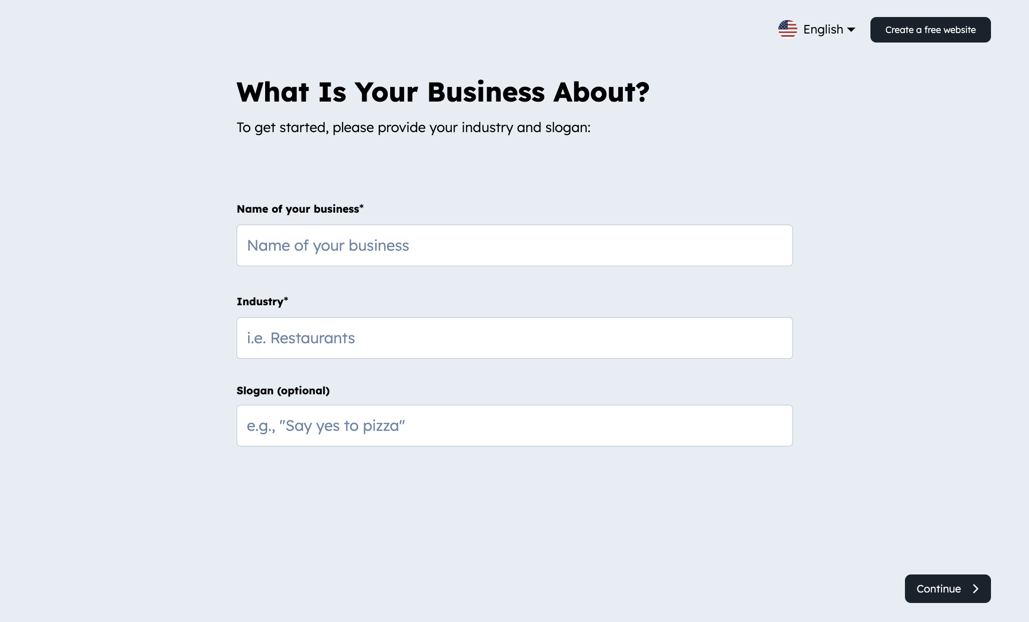 A page to add your business information, which includes the business name, industry, and slogan.
