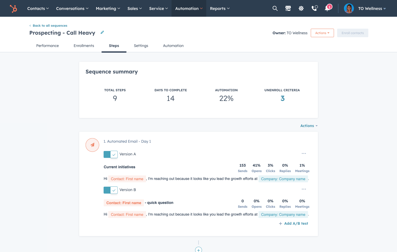 HubSpot sales automation tools showing sequence summary.