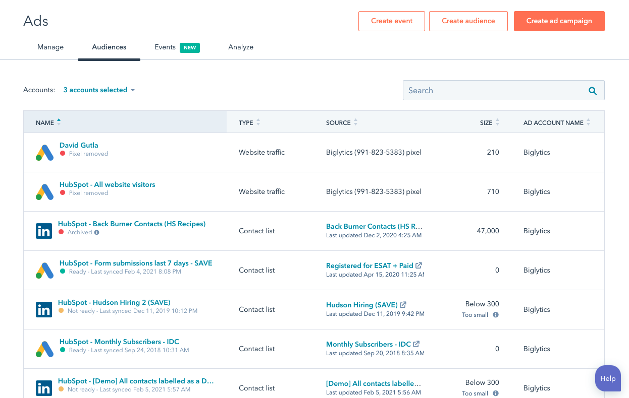 Build ad audiences with HubSpot ad management.