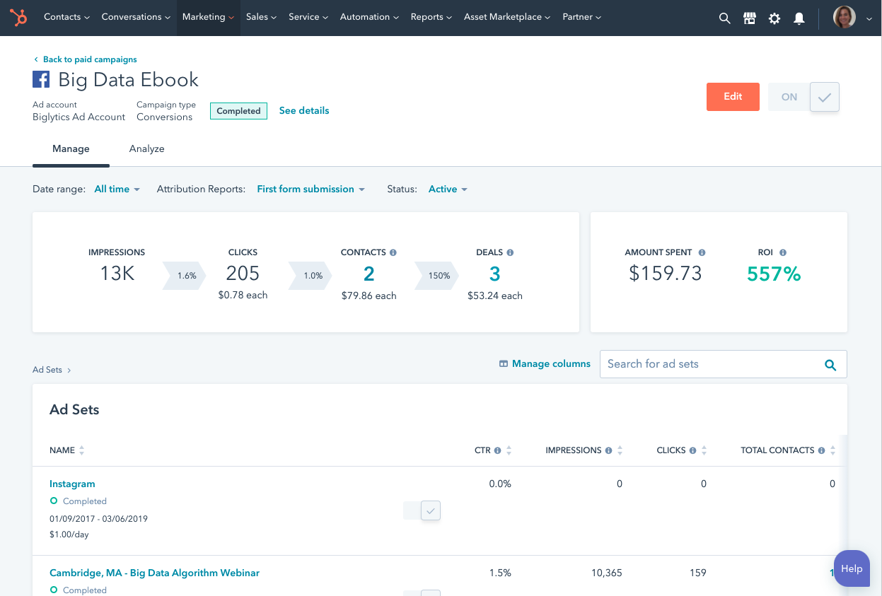 Sync leads automatically with HubSpot's ad ROI tools.