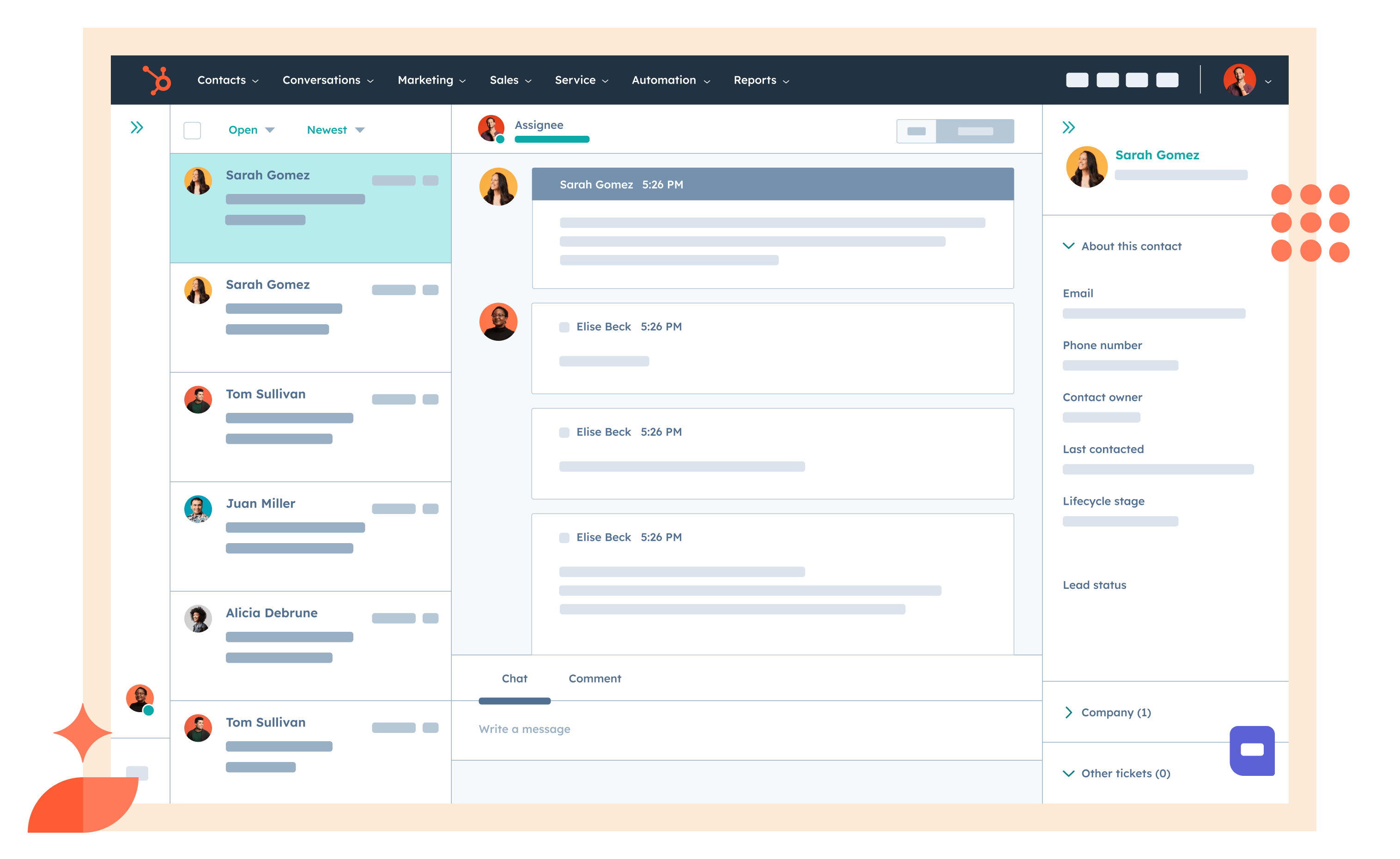 HubSpot simplified UI showing activity and interactions between a contact and various team members in HubSpot Smart CRM