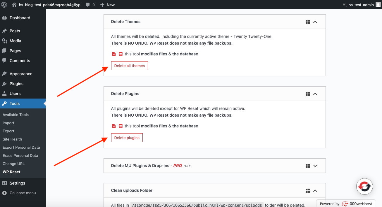 Click the Delete plugins button of WP Reset button to complete resetting WordPress