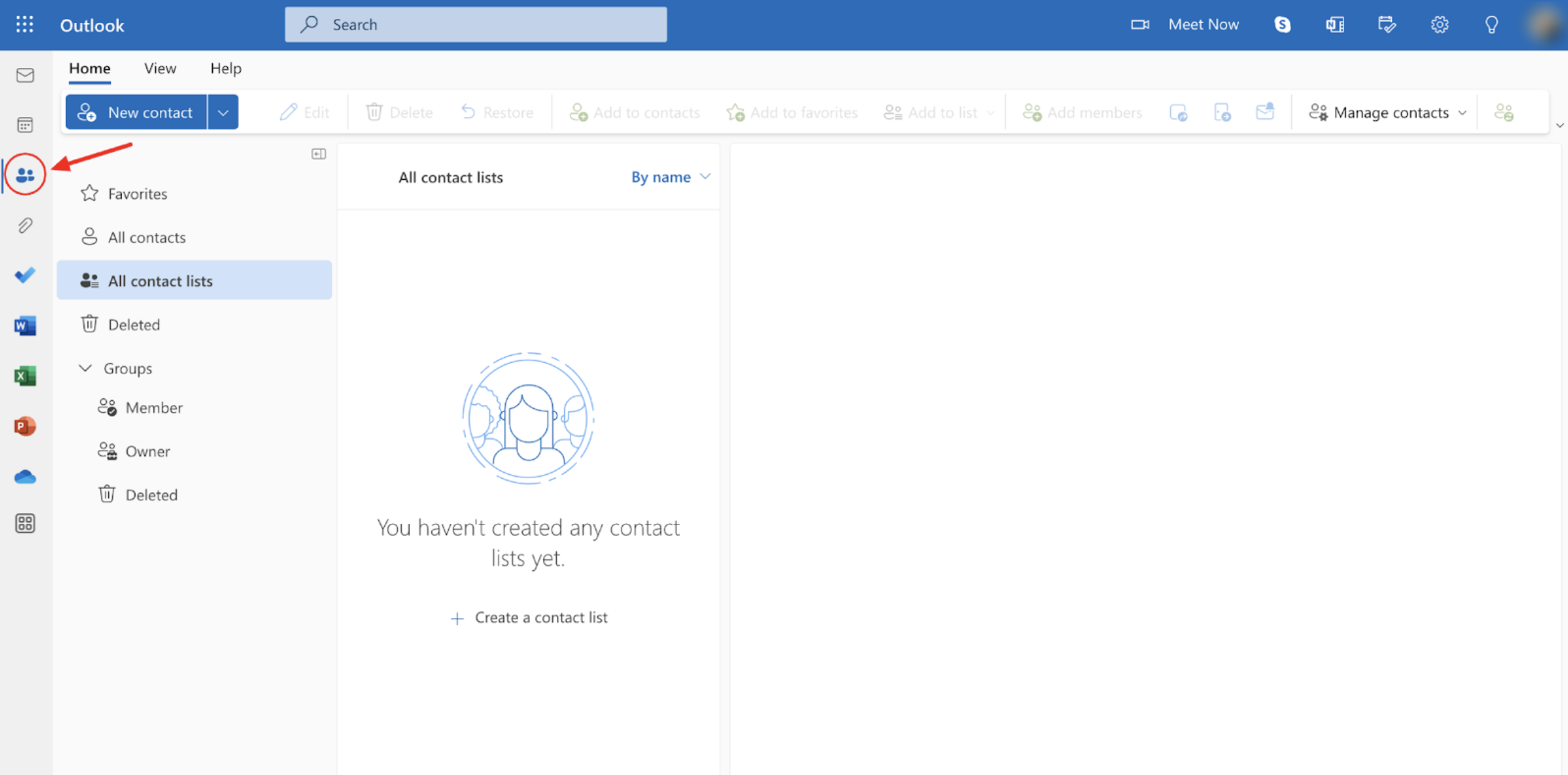 How to create a distribution list in Outlook 365: Click the People icon on the upper left corner of the page.