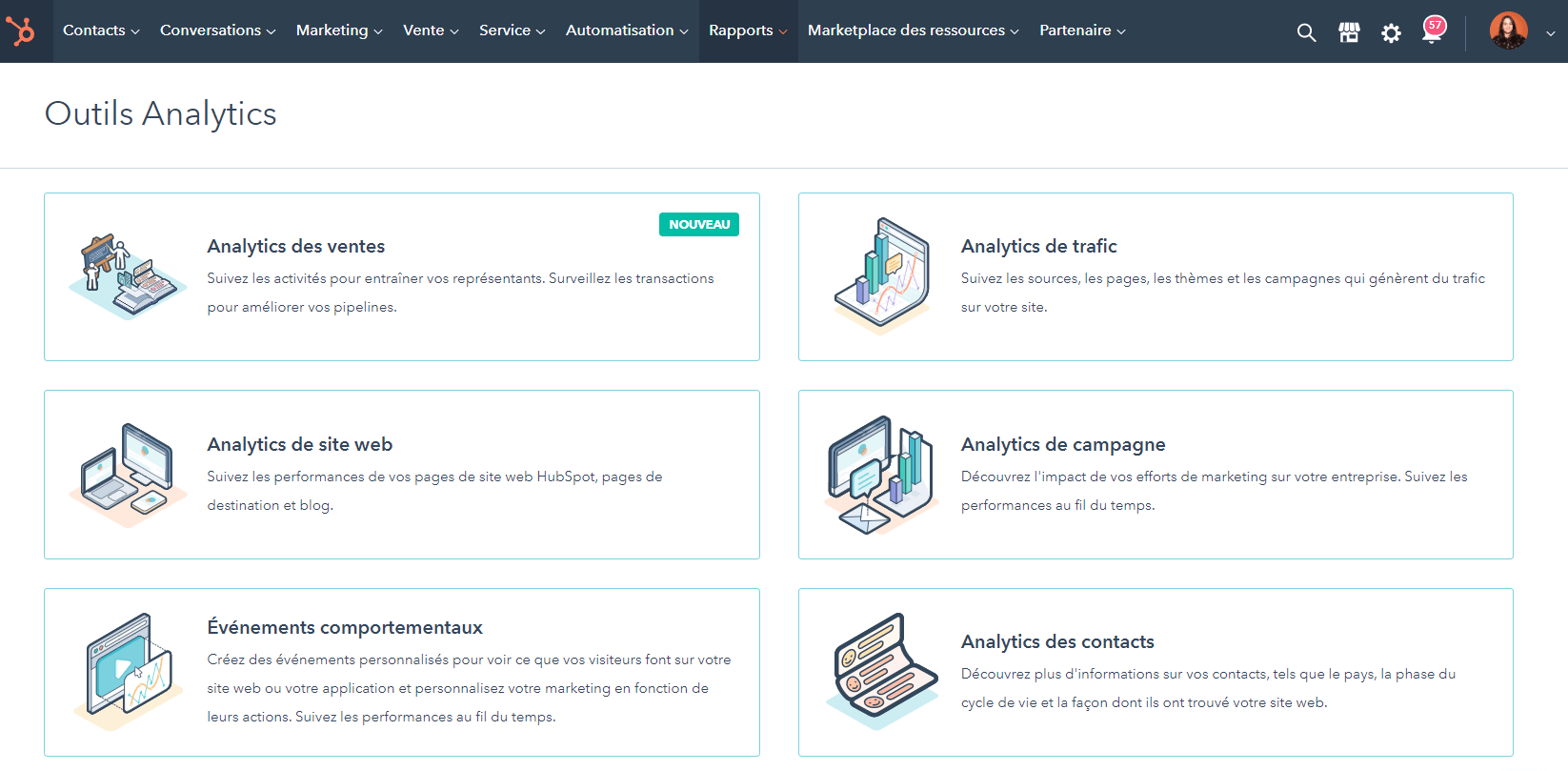 Différents outils d'analyse de HubSpot