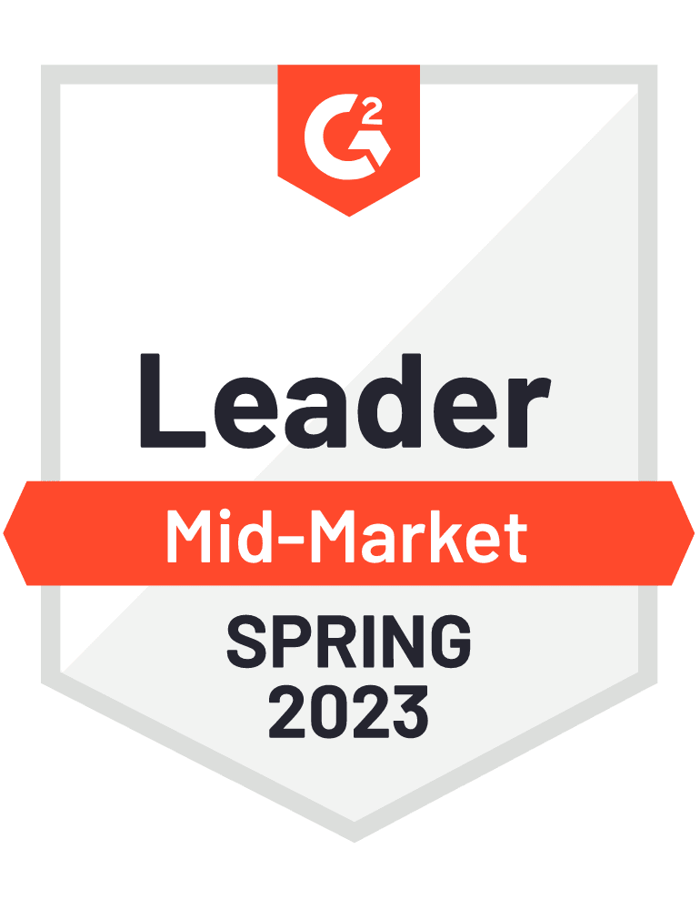 G2 badge showing leader mid-market, spring 2023