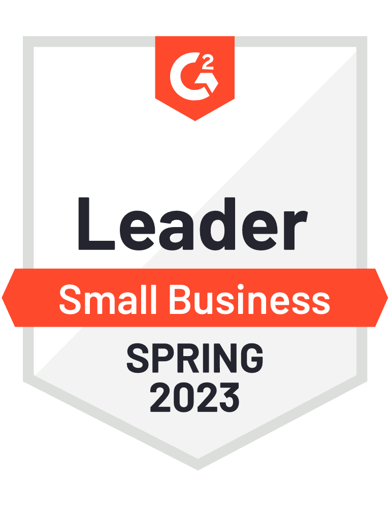 G2 badge showing leader small business, spring 2023