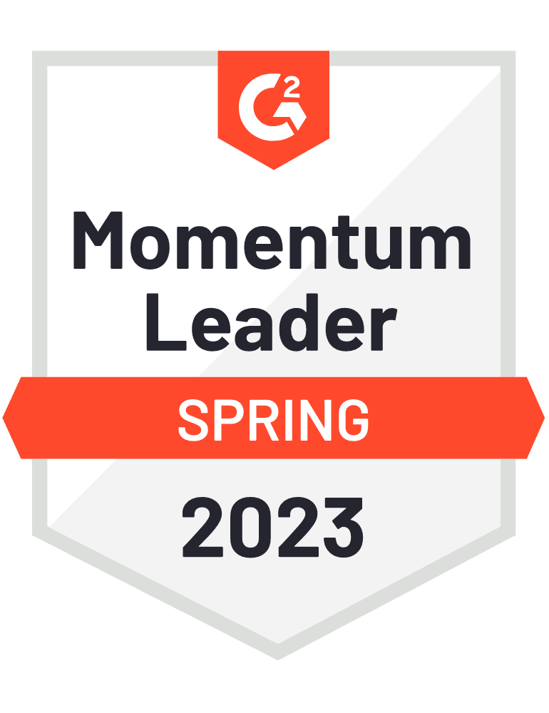 G2 badge showing momentum leader, spring 2023