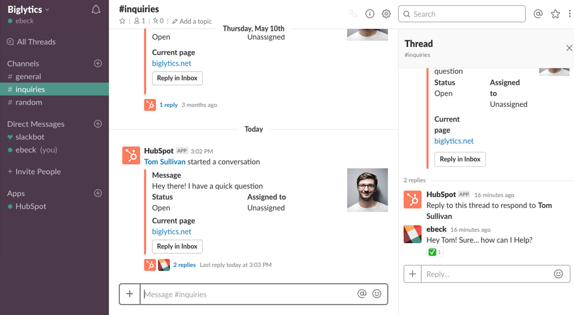 Screenshot showing how HubSpot's live chat tool syncs with the shared inbox