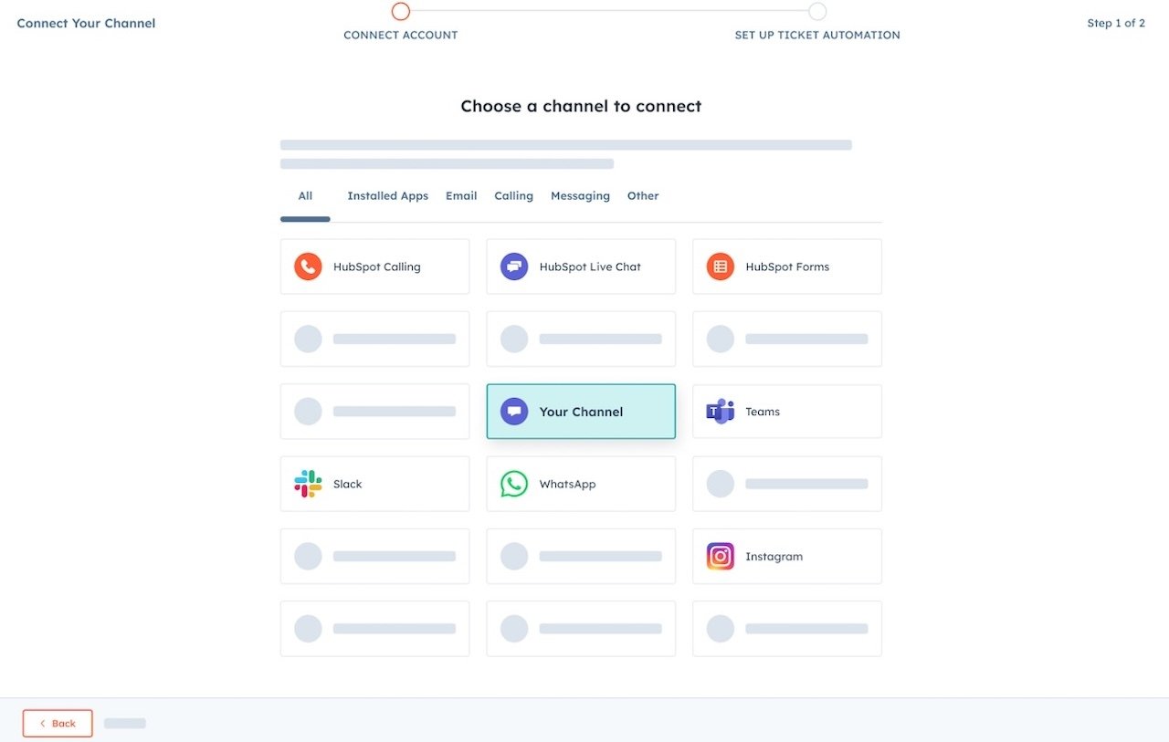hubspot's user interface showing custom channels API