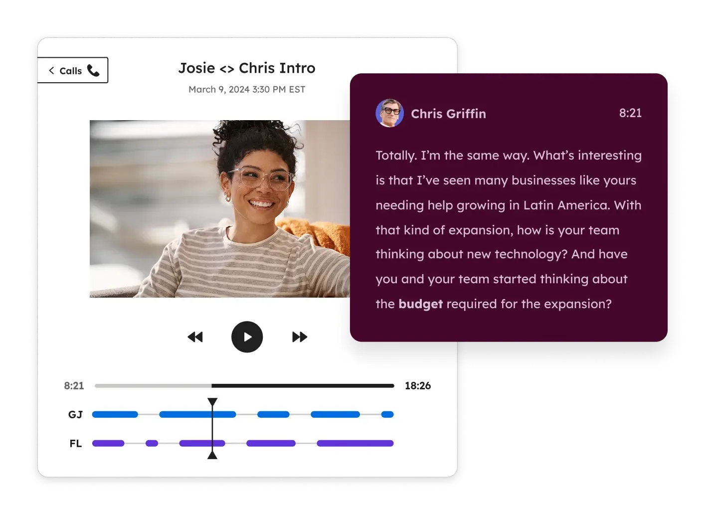 HubSpot UI showing team notes on a recorded customer call