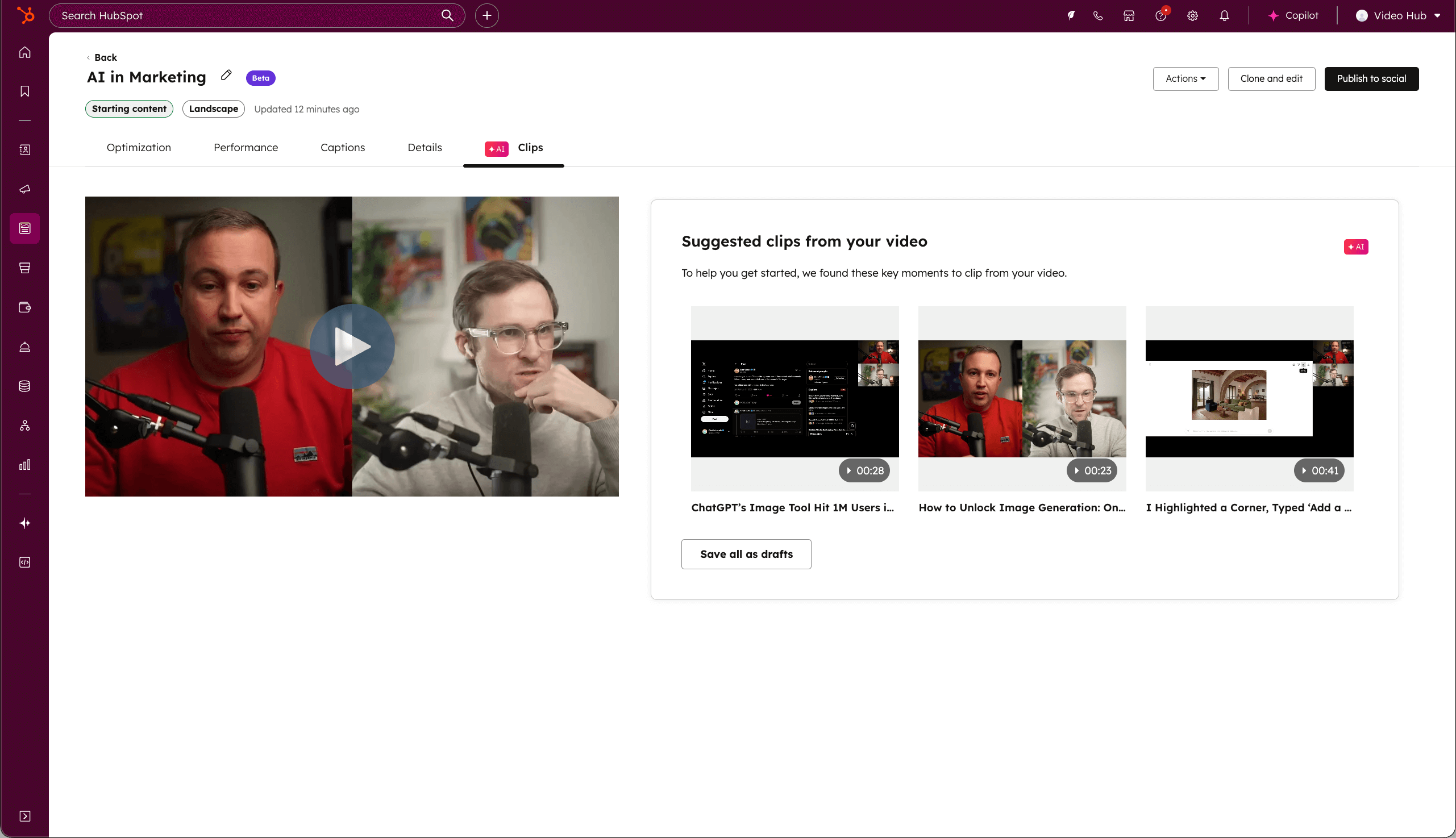 Screenshot of suggested clips feature of HubSpot's video marketing tools