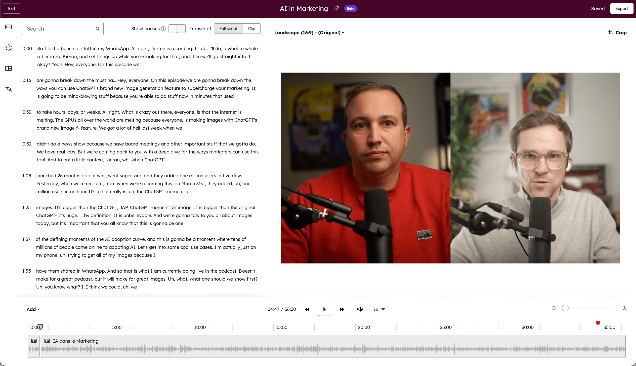 Hubspot video editor interface showing transcript view.