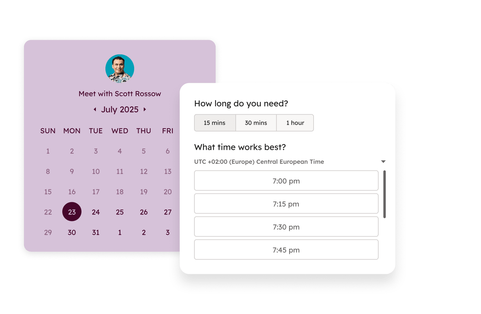 Sales Hub simple user interface showing meeting scheduling page