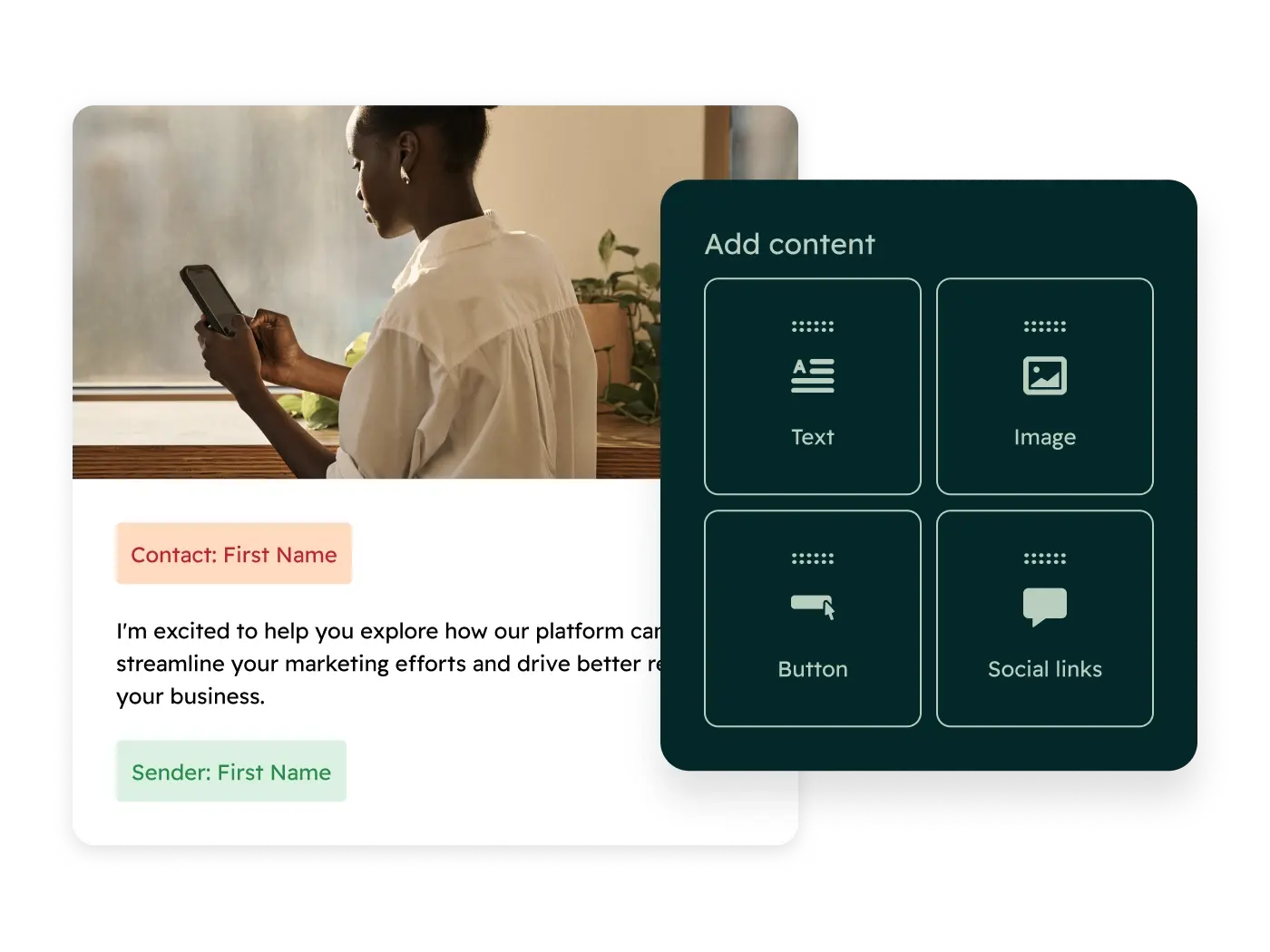 HubSpot simplified UI showing the email editor, where a user is creating a nurturing email with the help of HubSpot AI