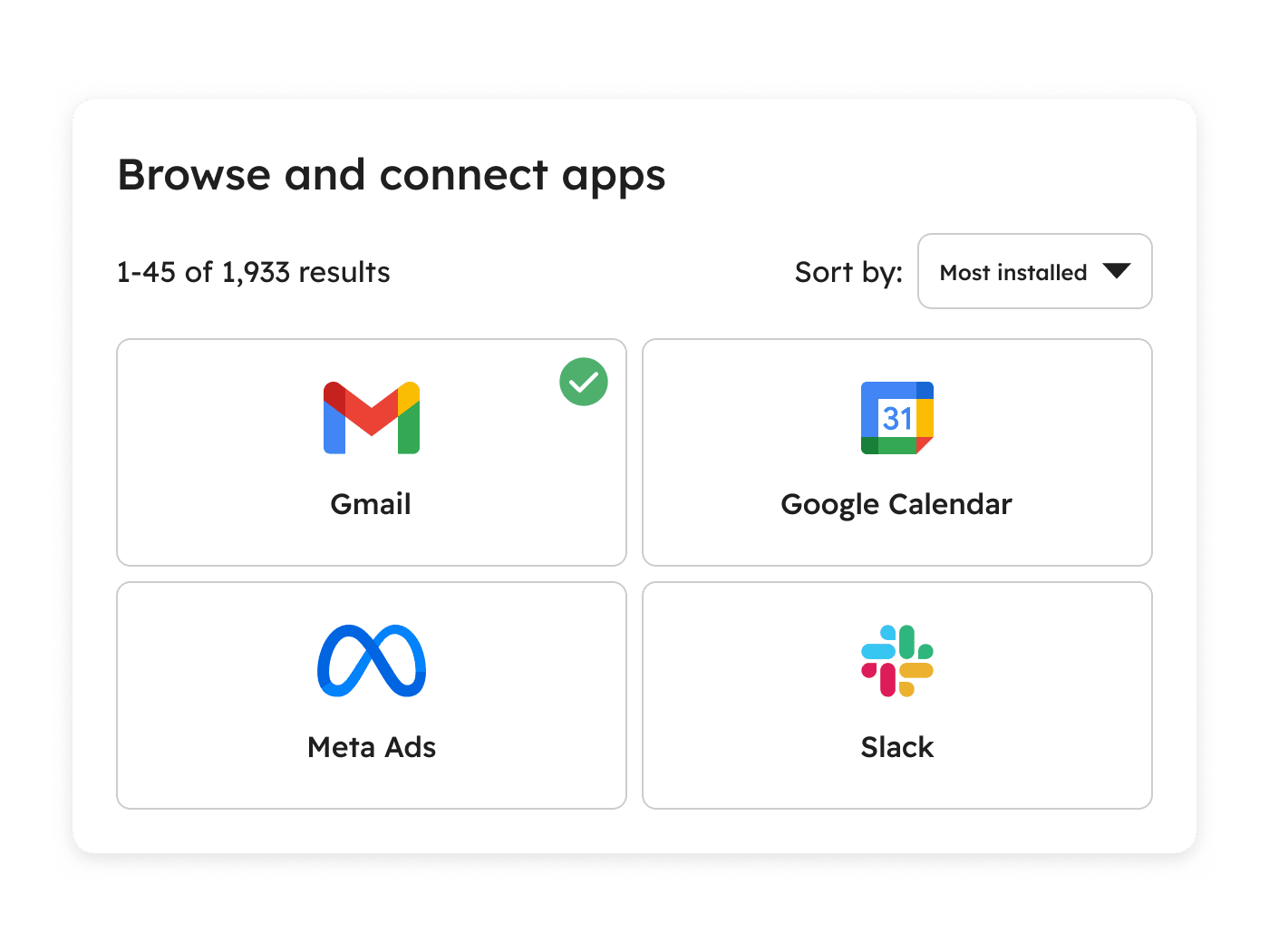 HubSpot simplified UI showing a search of the HubSpot App Marketplace where users can browse for and connect third-party apps to their HubSpot account