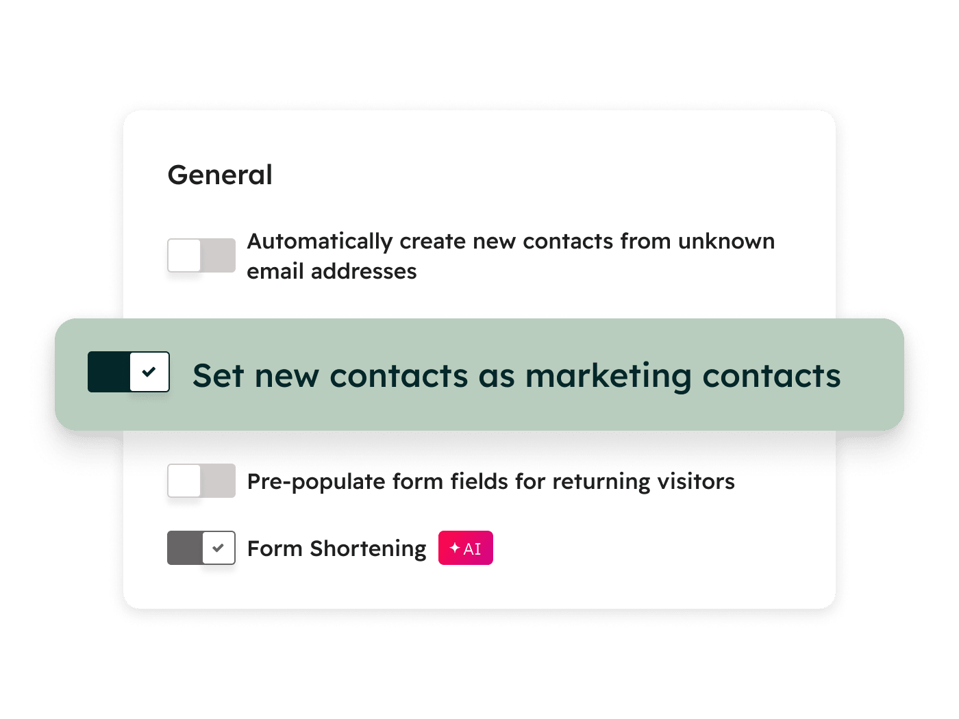 Form shortening general form settings with options to automatically create new contacts from unknown email addresses, set new contacts as marketing contacts, pre-populate form fields for returning visitors and more.