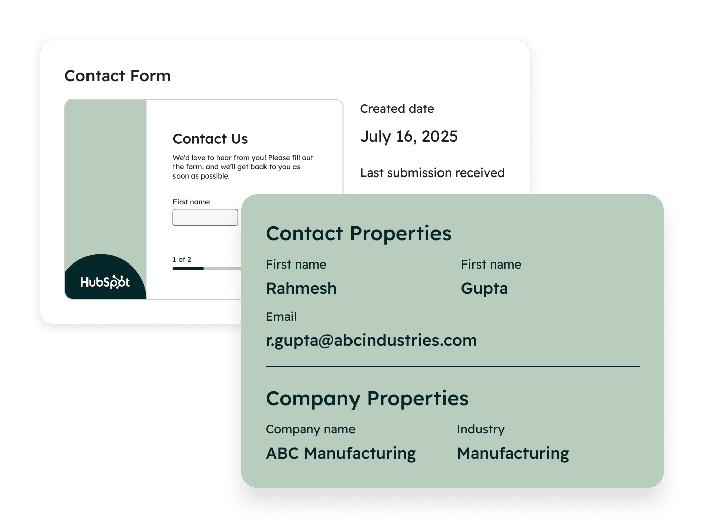 Contact form submission details for contact properties, showing contact, company, conversion page, created date, contact properties.